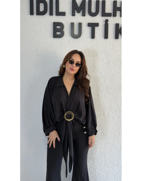 Siyah Gold Tokalı Bağlamalı Bluz