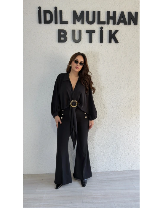 Siyah Gold Tokalı Bağlamalı Bluz