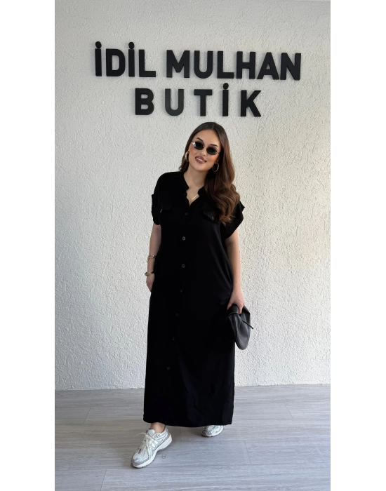 Siyah Hakim Yaka Düğmeli Elbise
