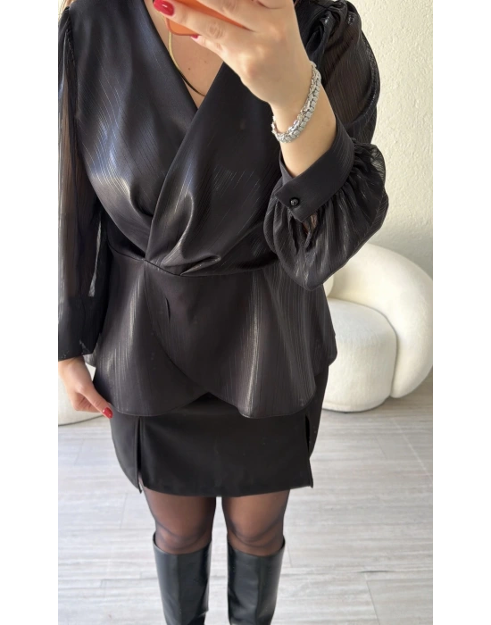 Siyah Işıltılı Kruvaze Bluz