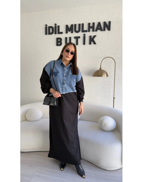 Siyah Jean Detaylı Pamuklu Elbise
