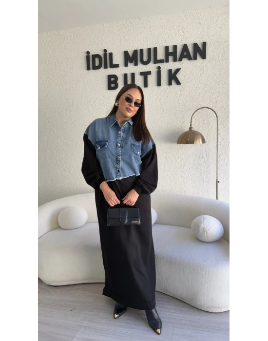 Siyah Jean Detaylı Pamuklu Elbise