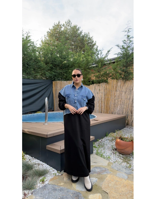Siyah Jean Detaylı Pamuklu Elbise