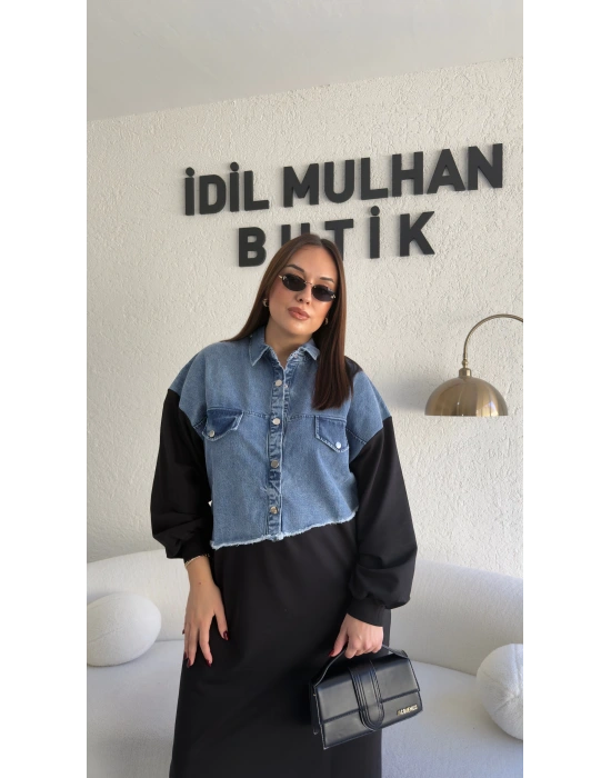 Siyah Jean Detaylı Pamuklu Elbise