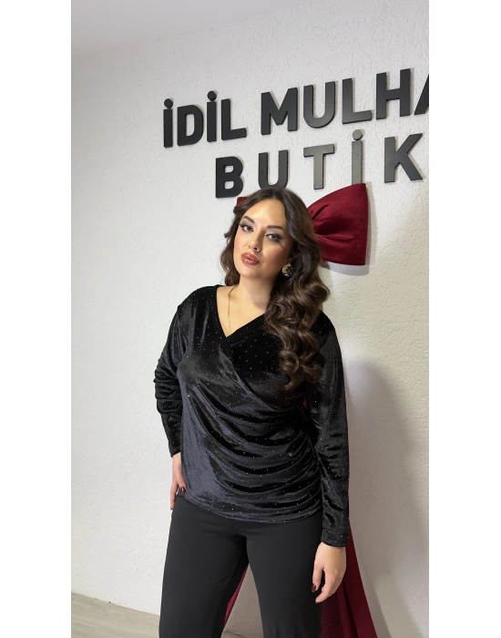 Siyah Kadife Taşlı Drapeli Bluz