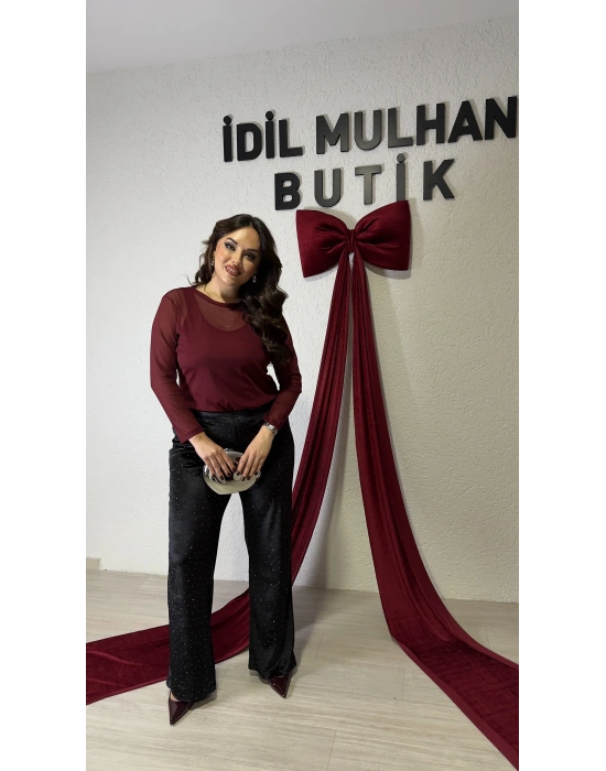 Siyah Kadife Taşlı Pantolon