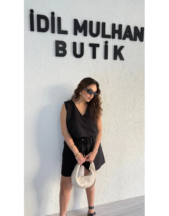 Siyah Keten Şortlu Takım