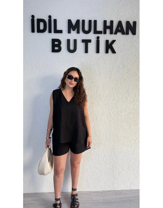Siyah Keten Şortlu Takım
