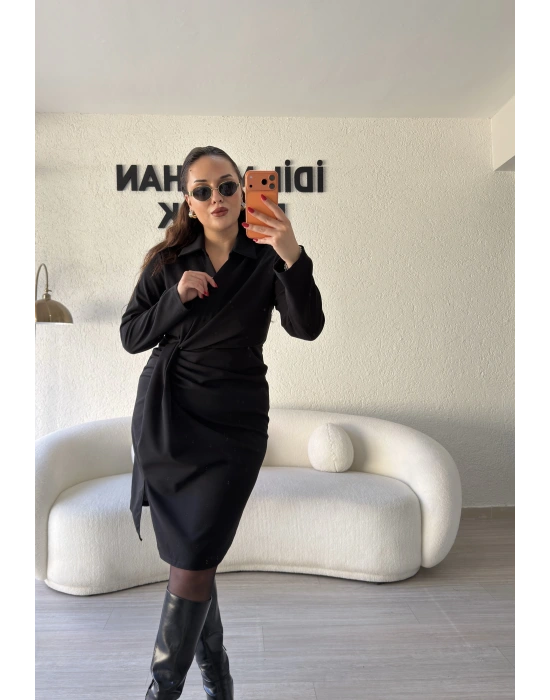 Siyah Kruvaze Pile Detaylı Elbise