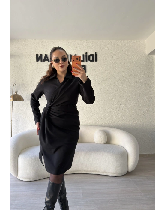 Siyah Kruvaze Pile Detaylı Elbise