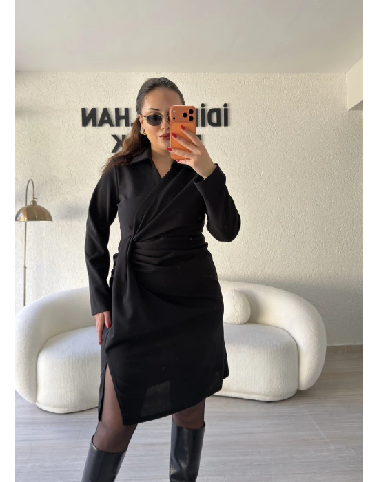 Siyah Kruvaze Pile Detaylı Elbise