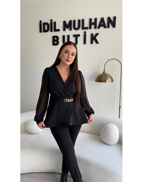 Siyah Kruvaze Yaka Şifon Kollu Bluz