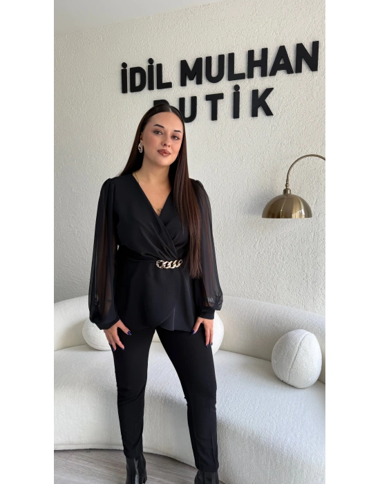Siyah Kruvaze Yaka Şifon Kollu Bluz