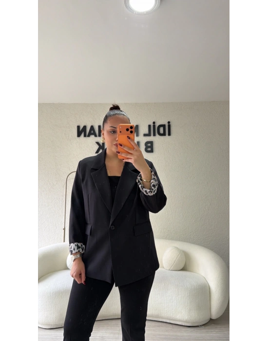 Siyah Leopar Detaylı Blazer Ceket