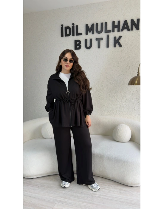 Siyah Likralı Kristal Bel Büzgülü Takım