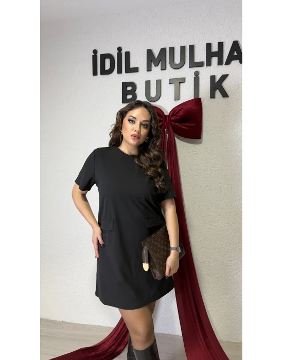 Siyah Likralı Süs Cepli Elbise