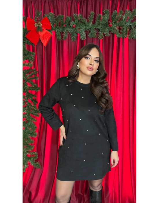 Siyah Nubuk Kumaş Taşlı Elbise