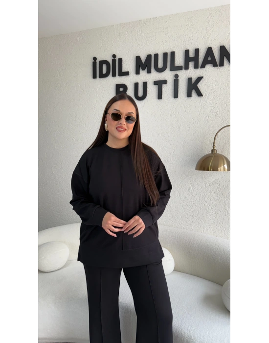 Siyah Önü Çizgi Detaylı Pamuklu Takım