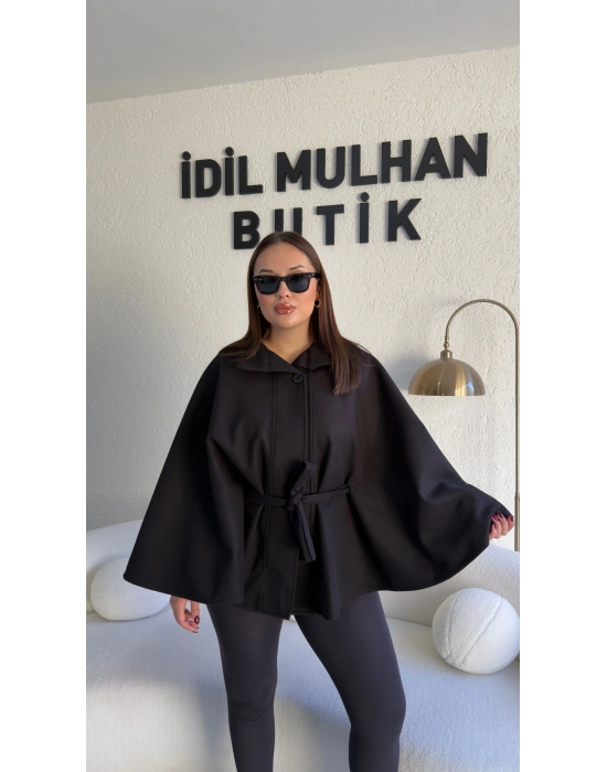 Siyah Oversize Kaşe Kuşaklı Panço