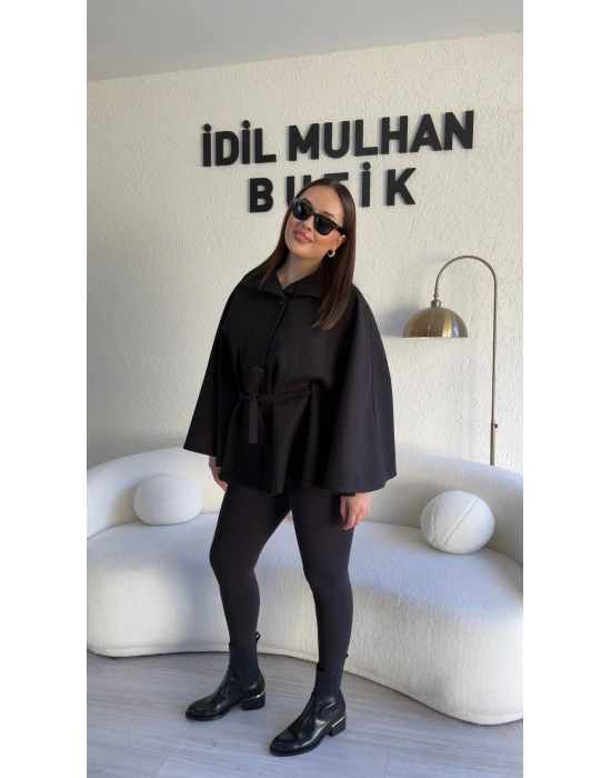 Siyah Oversize Kaşe Kuşaklı Panço