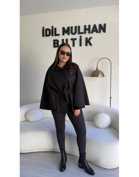 Siyah Oversize Kaşe Kuşaklı Panço