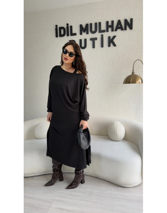 Siyah Oysh Kumaş İkili Elbise