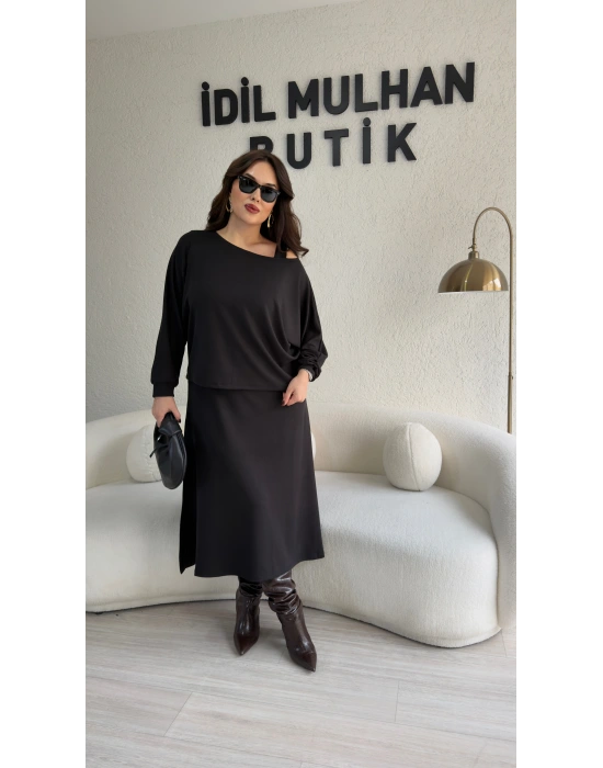 Siyah Oysh Kumaş İkili Elbise