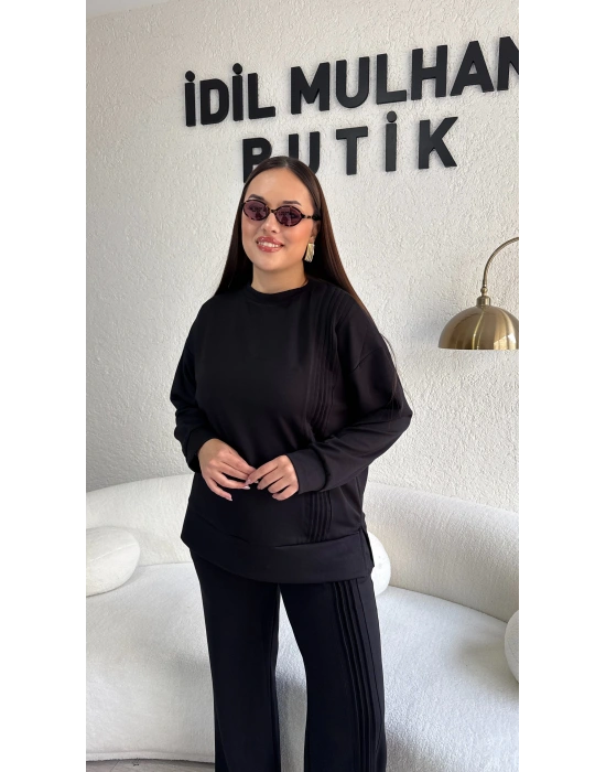 Siyah Pamuklu Yanı Şerit Desenli Takım