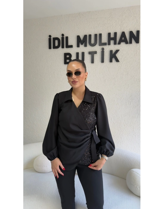 Siyah Payetli Bağlama Detaylı Bluz