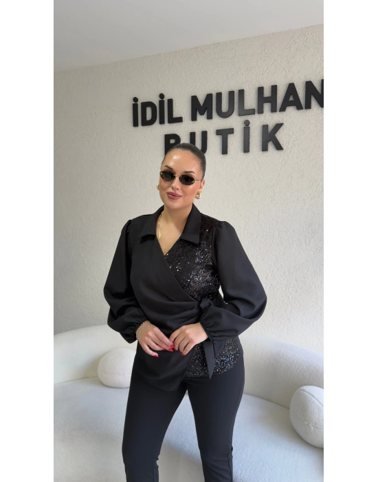 Siyah Payetli Bağlama Detaylı Bluz
