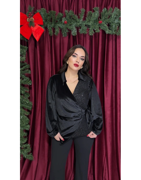 Siyah Payetli Bağlama Detaylı Kadife Bluz