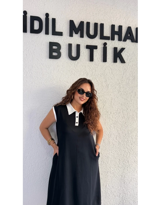 Siyah Polo Yaka Beyaz Şeritli Kolsuz Elbise