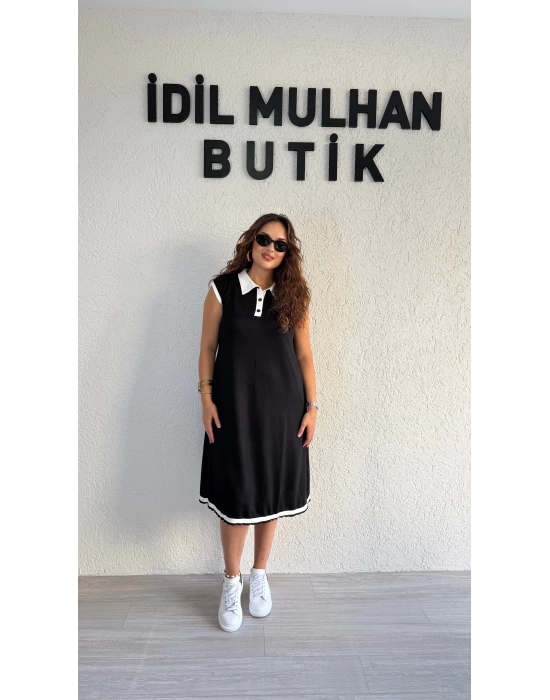 Siyah Polo Yaka Beyaz Şeritli Kolsuz Elbise