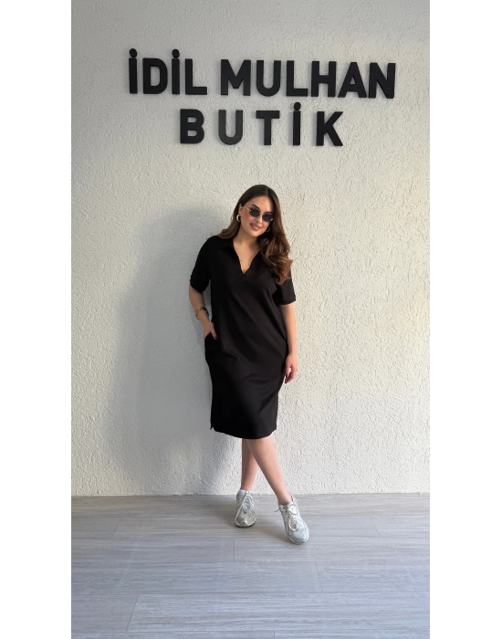 Siyah Polo Yaka Modal Kumaş Elbise