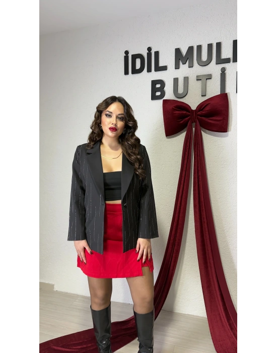 Siyah Premium Taş Detaylı Blazer Ceket