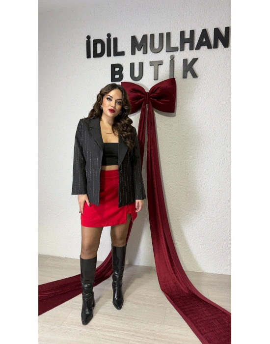 Siyah Premium Taş Detaylı Blazer Ceket