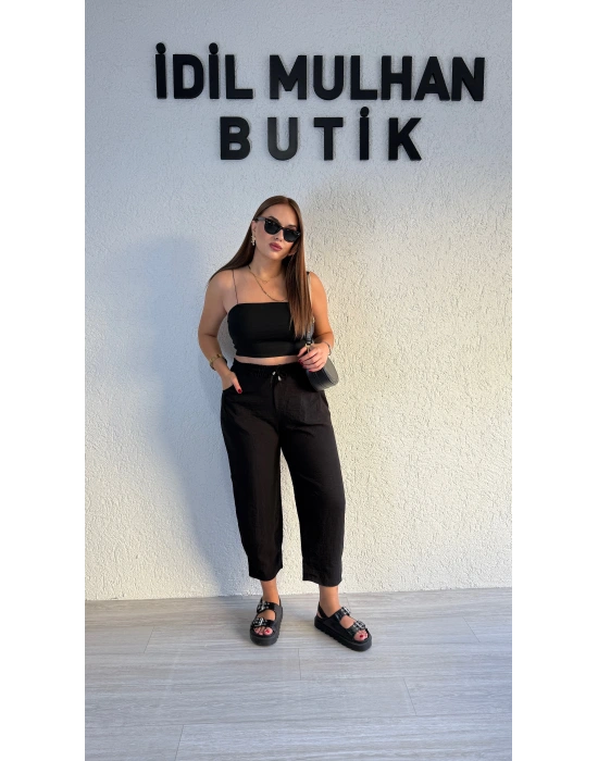 Siyah Keten Şalvar Pantolon