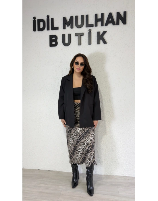 Siyah Saten Leopar Etek