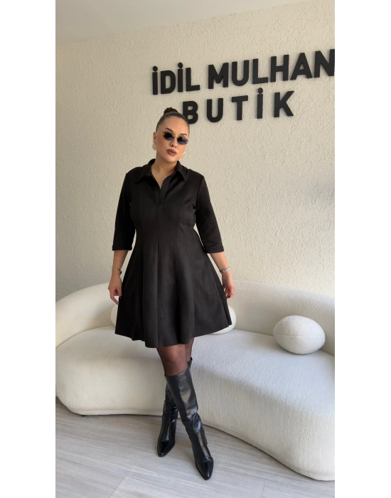 Siyah Scuba Nubuk Godeli Elbise