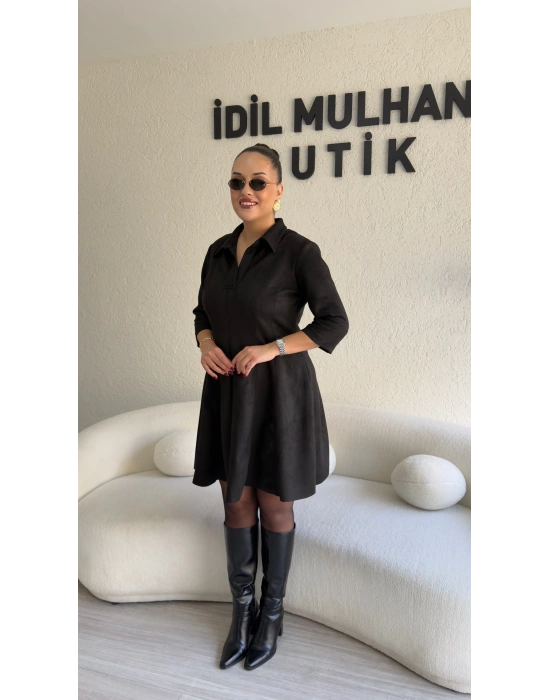 Siyah Scuba Nubuk Godeli Elbise