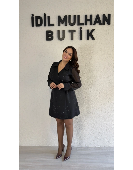 Siyah Şifon Kol Taşlı Bağlamalı Elbise
