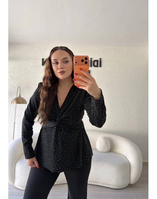 Siyah Sim Detaylı Taş İşlemeli Bluz