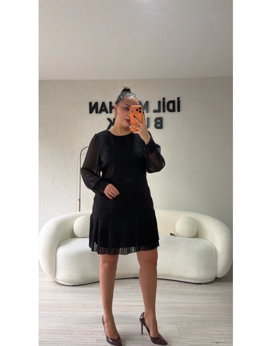 Siyah Sim Dokulu Piliseli Elbise
