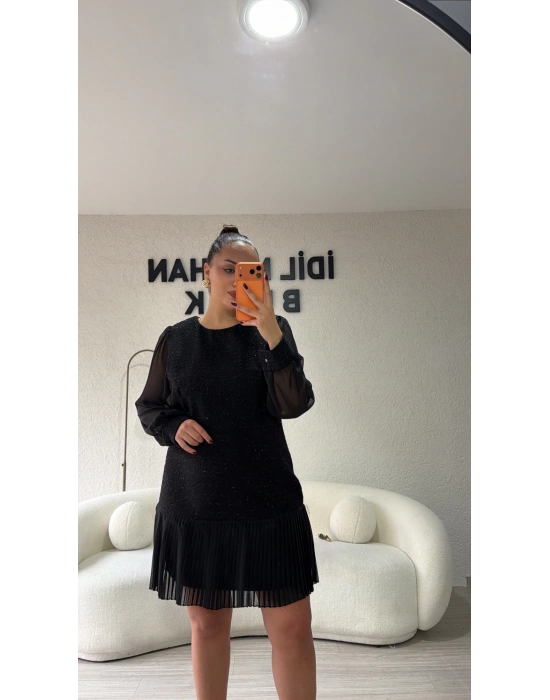 Siyah Sim Dokulu Piliseli Elbise