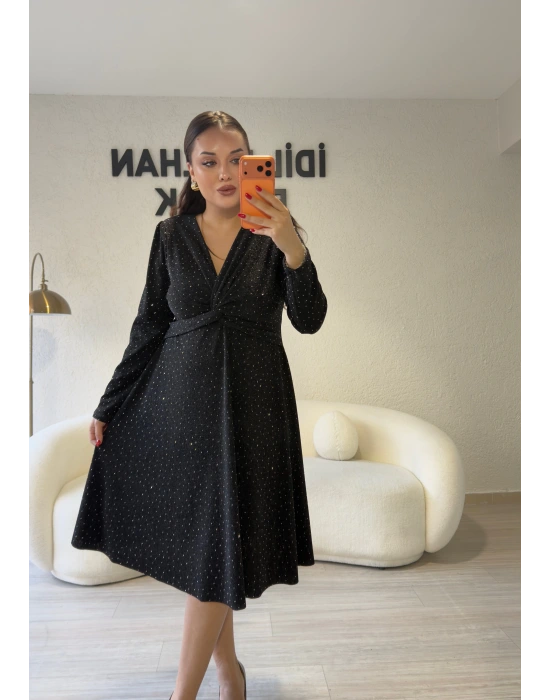 Siyah Sim Işıltılı Kruvaze Elbise