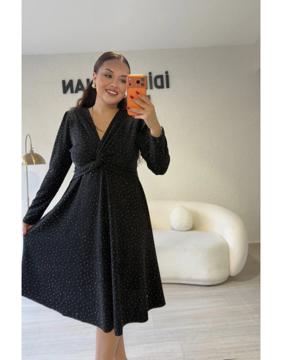 Siyah Sim Işıltılı Kruvaze Elbise