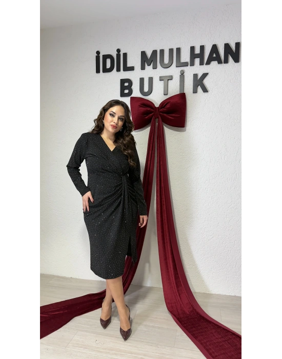 Siyah Sim Işıltılı Yandan Drapeli Elbise