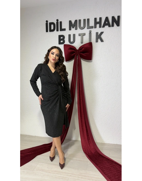 Siyah Sim Işıltılı Yandan Drapeli Elbise