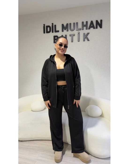 Siyah Sim Şeritli Kapşonlu Takım