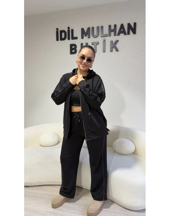 Siyah Sim Şeritli Kapşonlu Takım